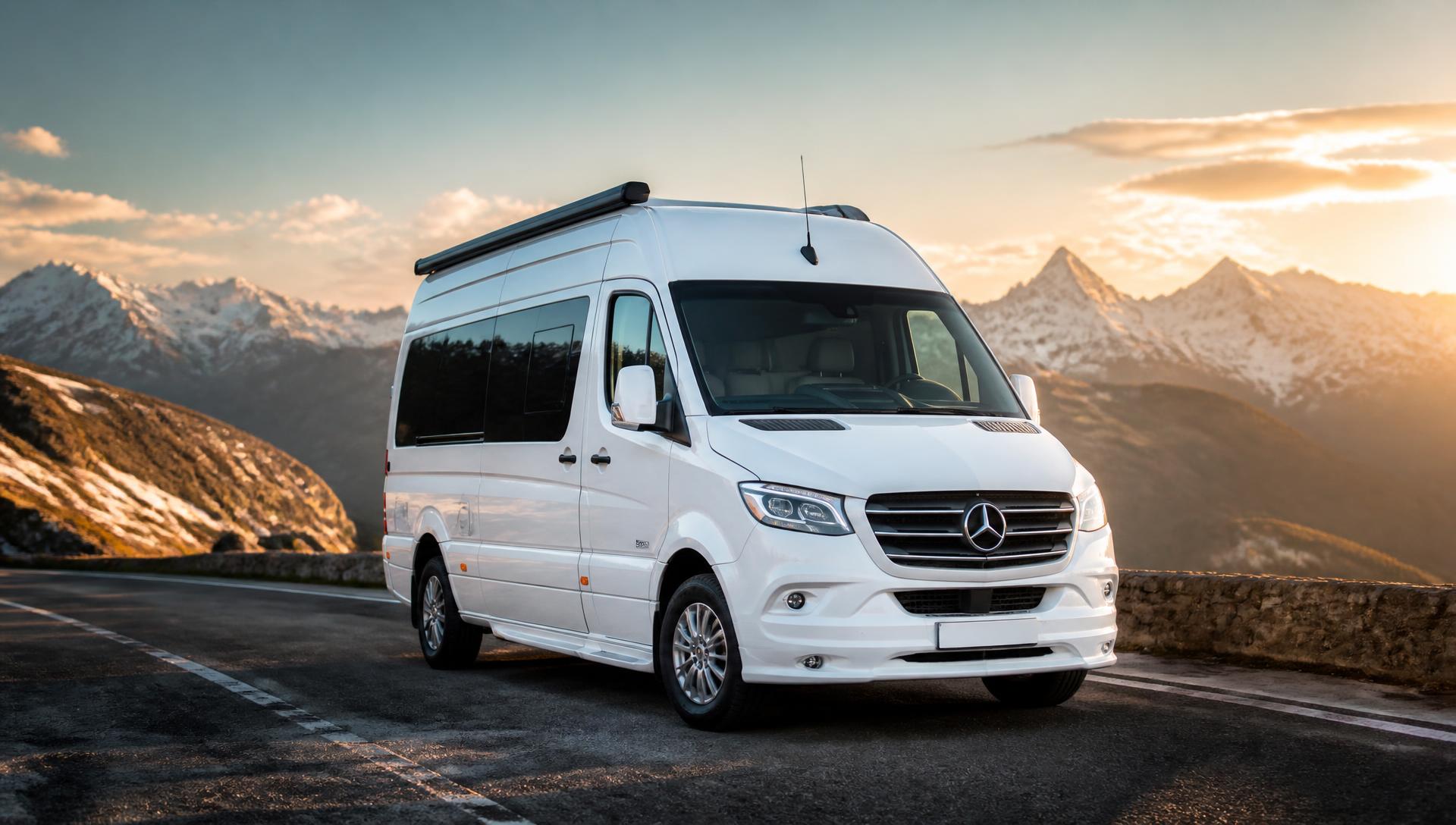 Brand-new white Mercedes-Benz James Cook 600D Westfalia on an alpine road